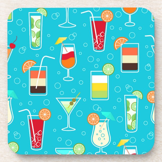 Cocktail Pattern on Teal Background Coaster (Front)