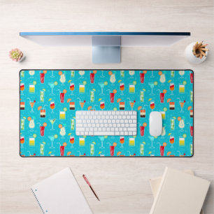 Cocktail Pattern on Teal Background Desk Mat