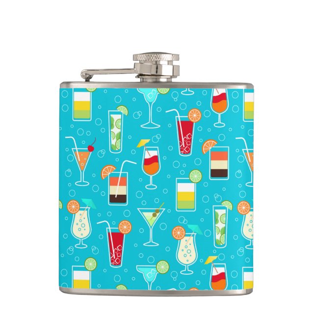 Cocktail Pattern on Teal Background Hip Flask (Front)