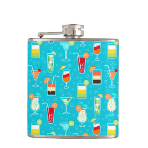 Cocktail Pattern on Teal Background Hip Flask