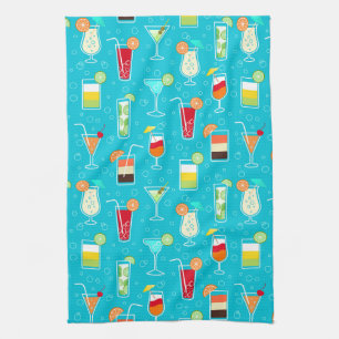 Cocktail Pattern on Teal Background Kitchen Towel