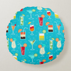 Cocktail Pattern on Teal Background Round Pillow
