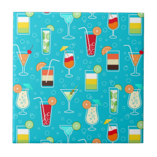Cocktail Pattern on Teal Background Tile
