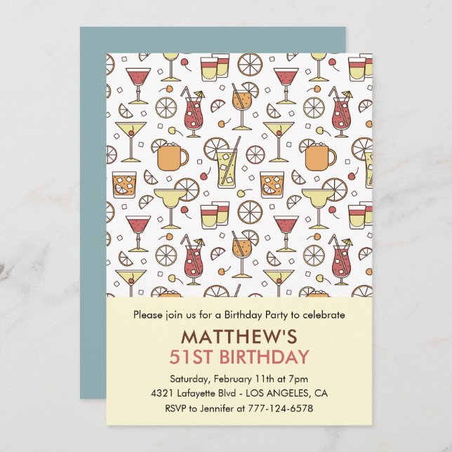 Cocktail Pattern Retro Champagne 51st birthday Invitation (Front/Back)