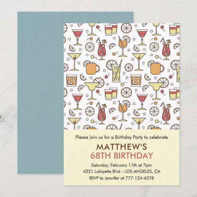 Cocktail Pattern Retro Champagne 68th birthday Invitation (Front/Back)