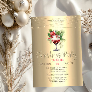  Cocktail Poinsettia String Lights Gold Christmas  Invitation