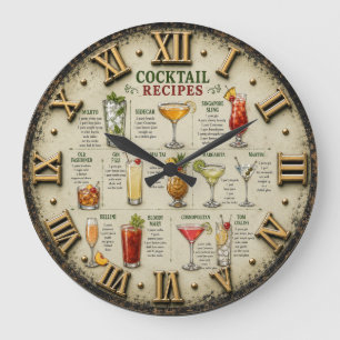 Cocktail Recipes Vintage Mixology Bar Decor Large Clock