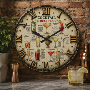 Cocktail Recipes Vintage Mixology Bar Decor Large Clock