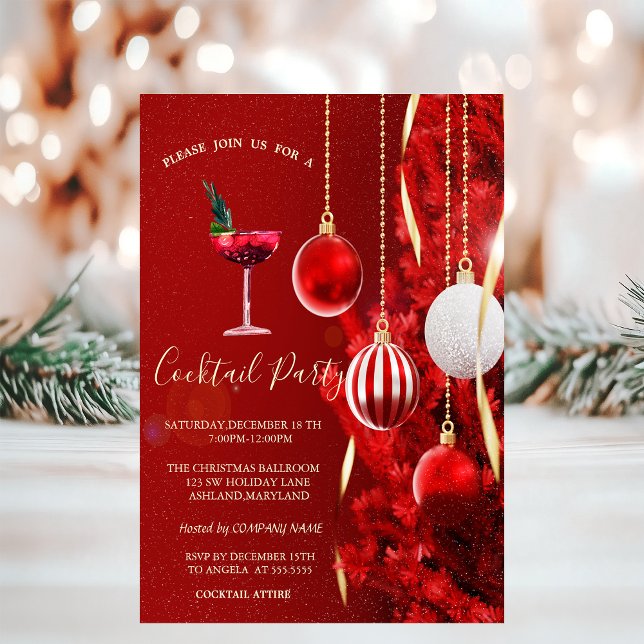 Cocktail Red Balls Tree Christmas Party  Invitation (Creator Uploaded)