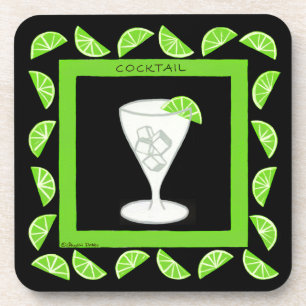 Cocktail Retro Drink Art Green Limes on Black Coaster