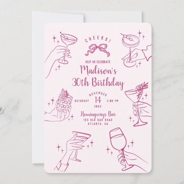 Cocktail rose Invitation de fête d'anniversaire (Devant)