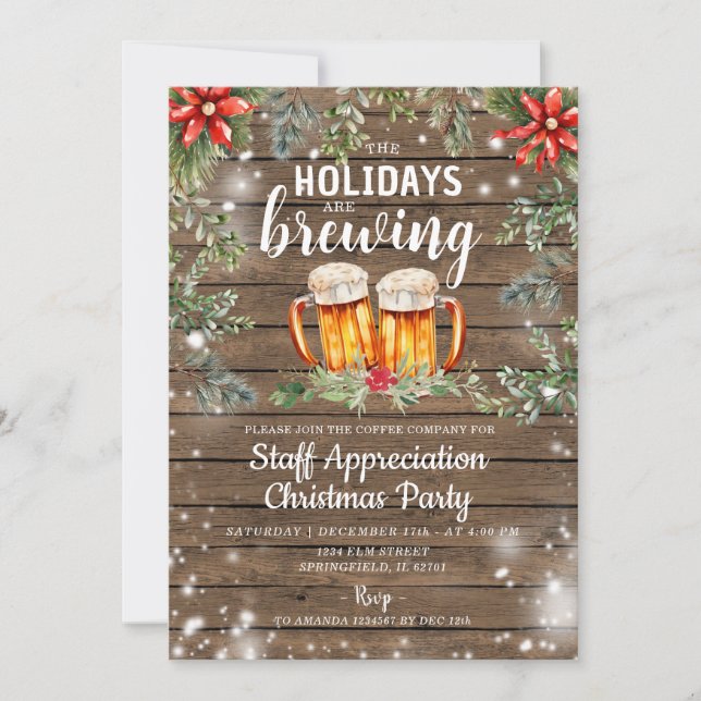 Cocktail Rustic Wood Christmas Staff Holiday Party Invitation (Front)