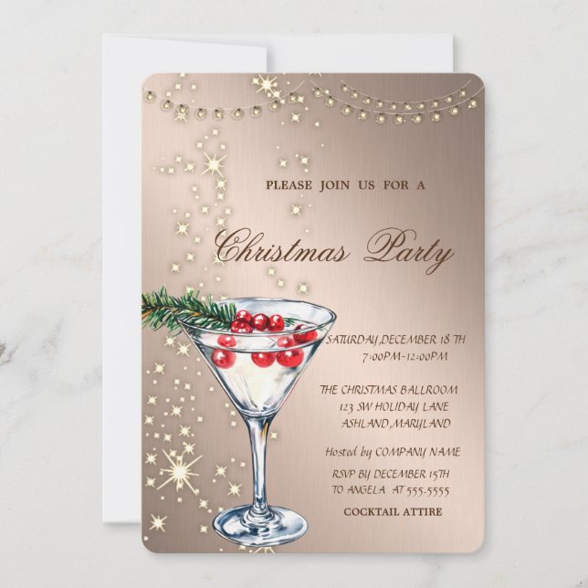 Cocktail,Sparkle,Lights,Rose Gold Christmas Party Invitation (Front)