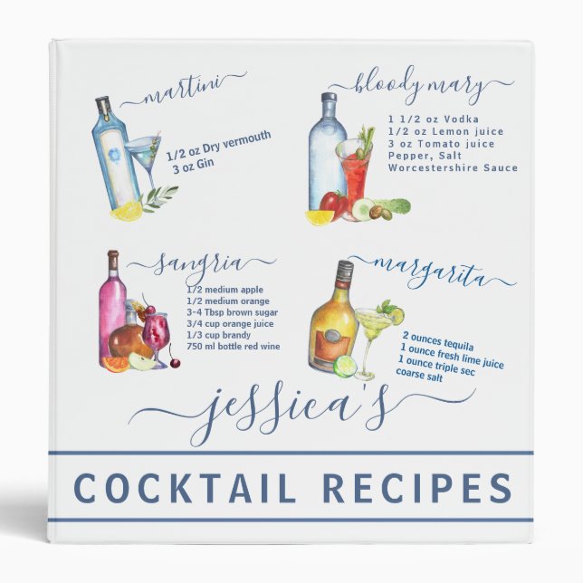 Cocktail Watercolor Recipe Mixed Drinks Martini Binder (Front)