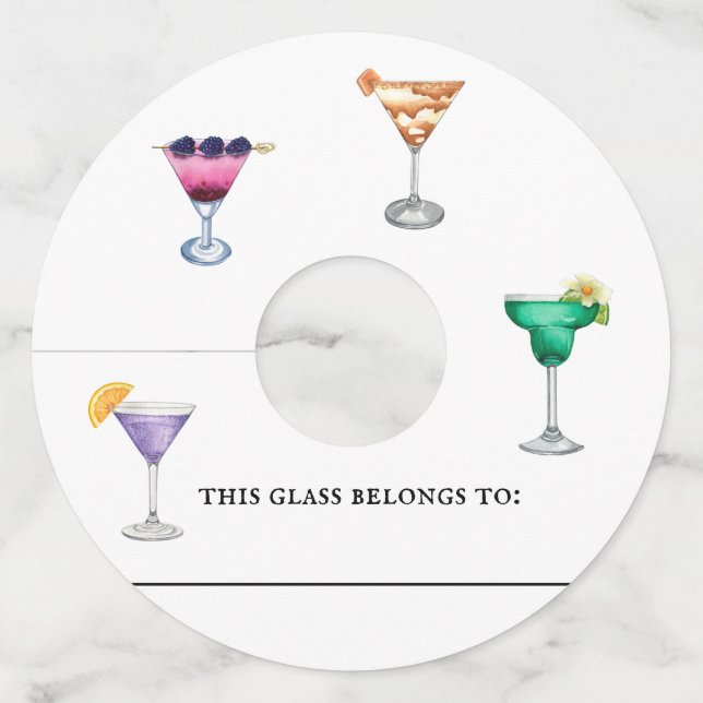 Cocktail Wine Glass marker Identifier Watercolor Tag (Front)