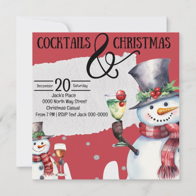 Cocktails and Christmas Snowmen with Drinks Invitation (Front)
