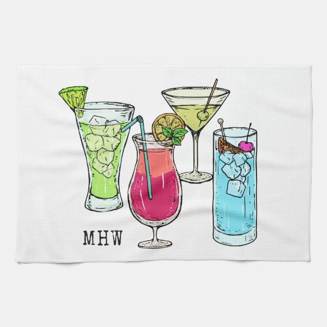 Cocktails d'été serviette de cuisine monogramme pe (Horizontal)