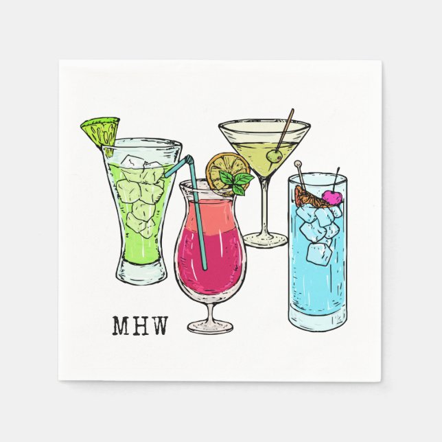 Cocktails d'été serviettes en papier monogramme pe (Devant)