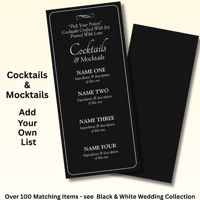 Cocktails Drinks Menu Card - Black White Infinity  (Créateur téléchargé)