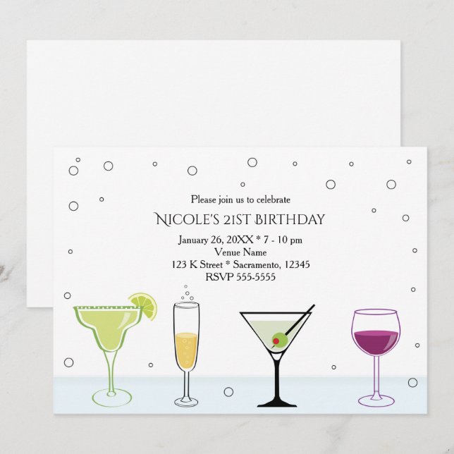 Cocktails Filles 21e anniversaire Invitations (Devant / Derrière)