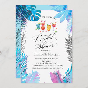 Cocktails Fruits Blue Palm Leaf Bridal Shower Invitation