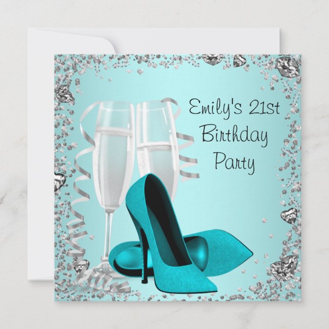 Cocktails High Heels Teal 21st Birthday Party Invitation (Front)