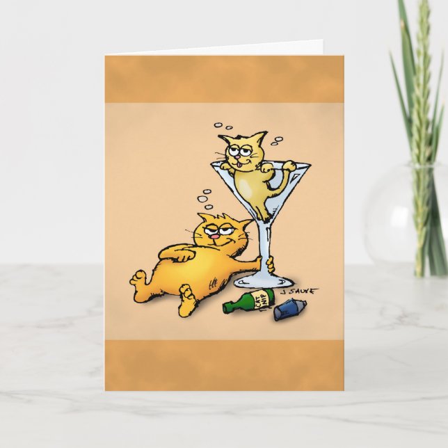 Cocktails & Kittens Cartoon Birthday Card (Front)