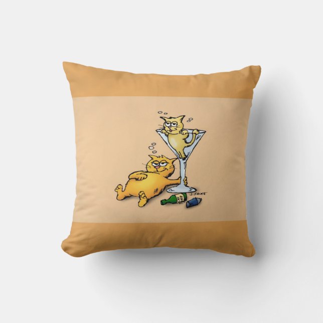 Cocktails & Kittens Gold Cartoon Pillow (Front)