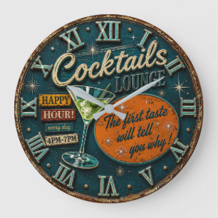 Cocktails Lounge Bar Decor Happy Hour Retro Large Clock