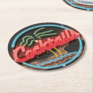 Cocktails Nightclub Neon. Round Paper Coaster