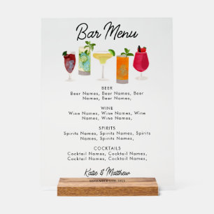 Cocktails & Party Bar Drinks Wedding Menu Acrylic Sign