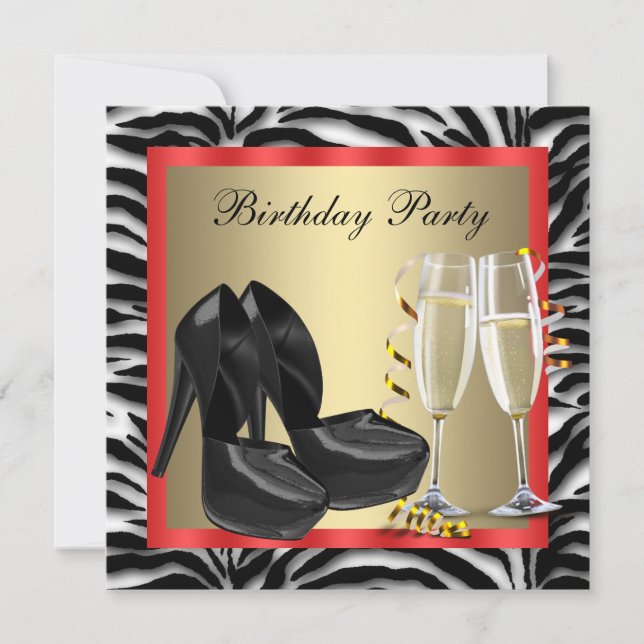 Cocktails Red High Heel Shoes Red Zebra Birthday Invitation (Front)