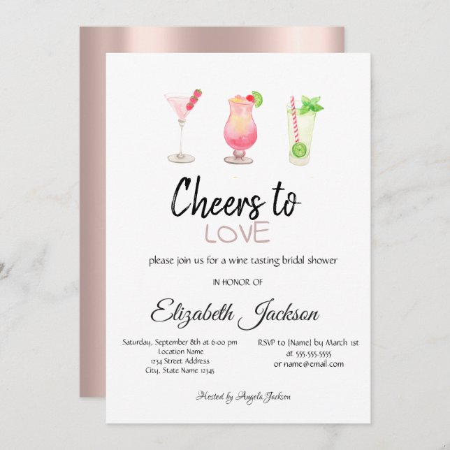 Cocktails Rose Gold Summer Bridal Shower  Invitation (Front/Back)