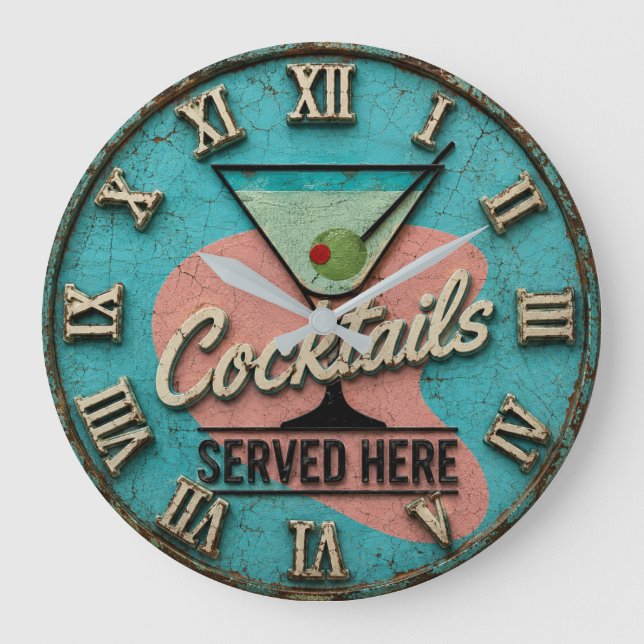 Cocktails Served Here Bar Decor  Mid-Century Large Clock (Front)