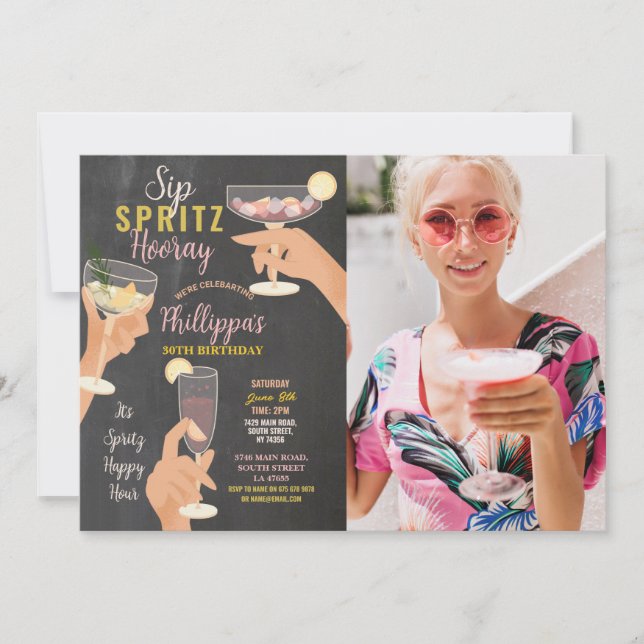 Cocktails Sip Spritz Photo Party Drinks Birthday Invitation (Front)