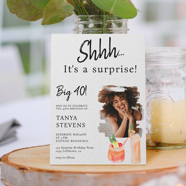 Cocktails white photo surprise forty birthday invitation (Creator Uploaded)