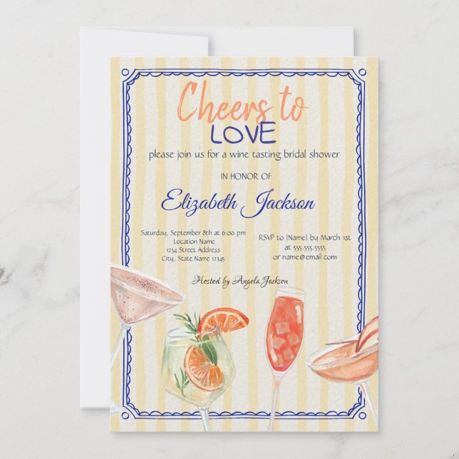 Cocktails Yellow Striped Bridal Shower   Invitation (Front)