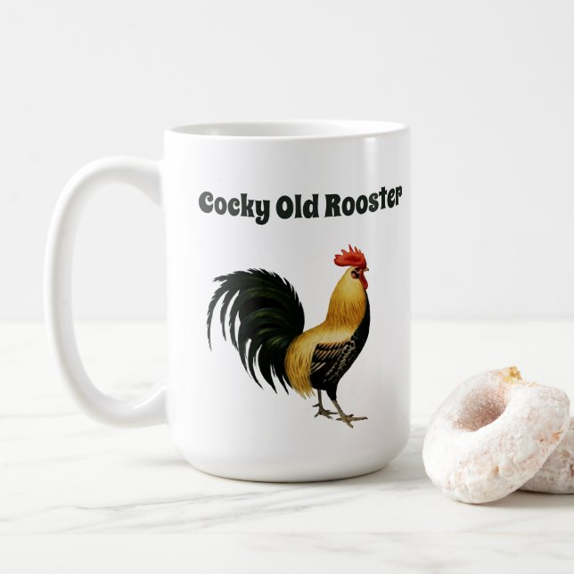 "Cocky Old Rooster" with Graphic of a Rooster Coffee Mug (With Donut)
