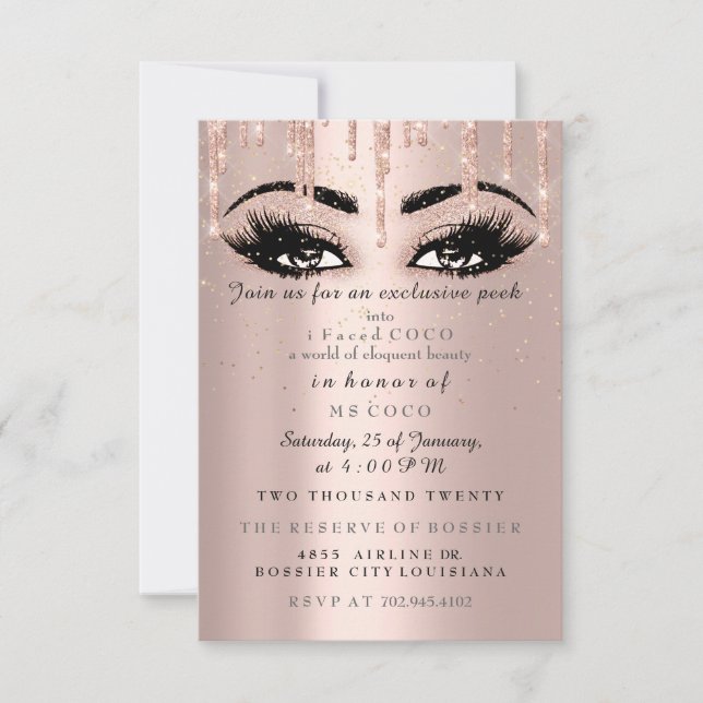 Coco Event Drips Rose Eyelash Confetti Makeup Invitation (Front)