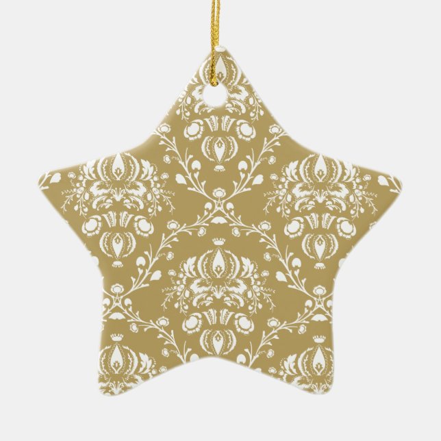 Cocoa and Cream Damask Ceramic Ornament (Front)