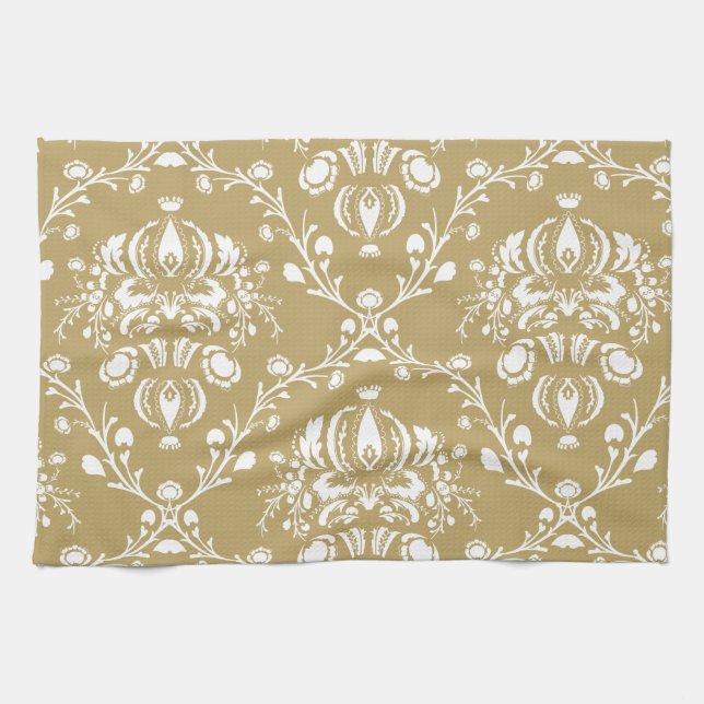 Cocoa and Cream Damask Kitchen Towel (Horizontal)