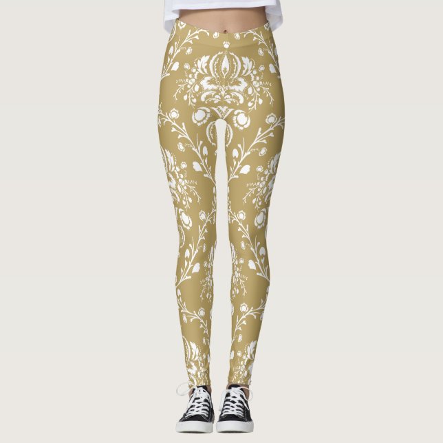 Cocoa and Cream Damask Leggings (Front)