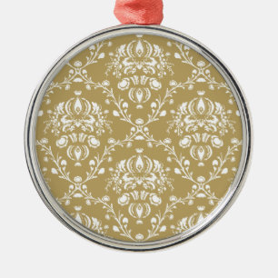 Cocoa and Cream Damask Metal Ornament