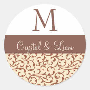 COCOA and RICH VANILLA Damask Wedding Monogram Classic Round Sticker