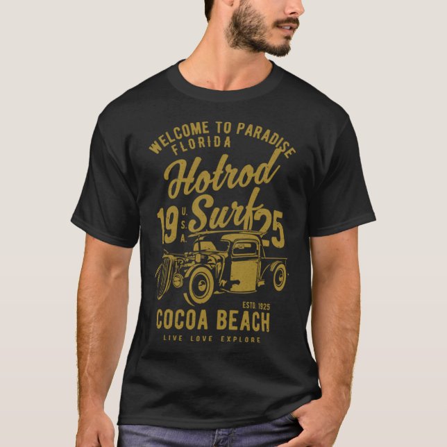 Cocoa Beach Florida Retro Hotrod Surf Distressed   T-Shirt (Front)