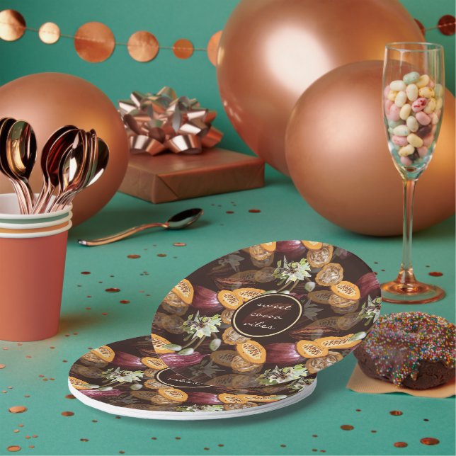 Cocoa Beans and Flowers, Chocolate Pattern Paper Plate (Multi)