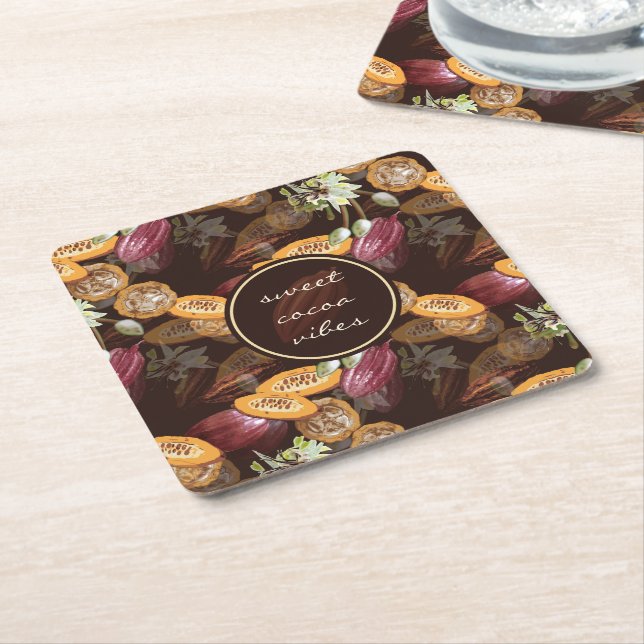 Cocoa Beans and Flowers, Chocolate Pattern Square Paper Coaster (Angled)