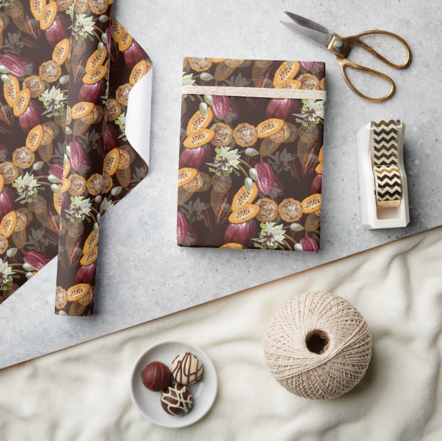 Cocoa Beans and Flowers, Chocolate Pattern Wrapping Paper (Crafts)