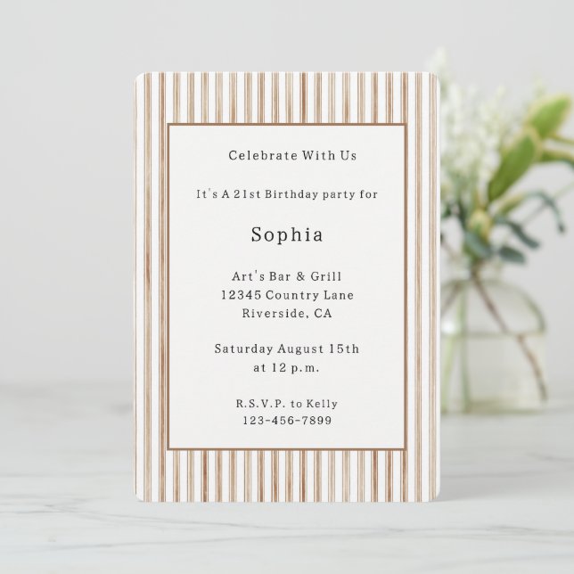 Cocoa Bow Brown Cream Stripes Birthday Invitation (Standing Front)