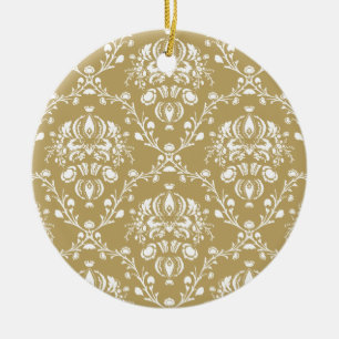 Cocoa Brown and Cream Damask Ceramic Ornament